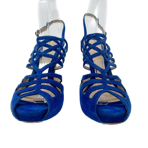 Fendi Royal Blue Suede Strappy Sling Back High Heel Platform Sandals size 39.5 - Picture 3 of 14